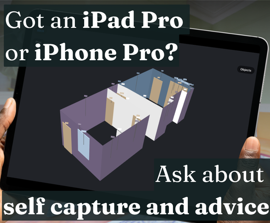 iPad showing 3D self-capture scan with text: Got an iPad Pro or iPhone Pro? Ask about self capture and advice